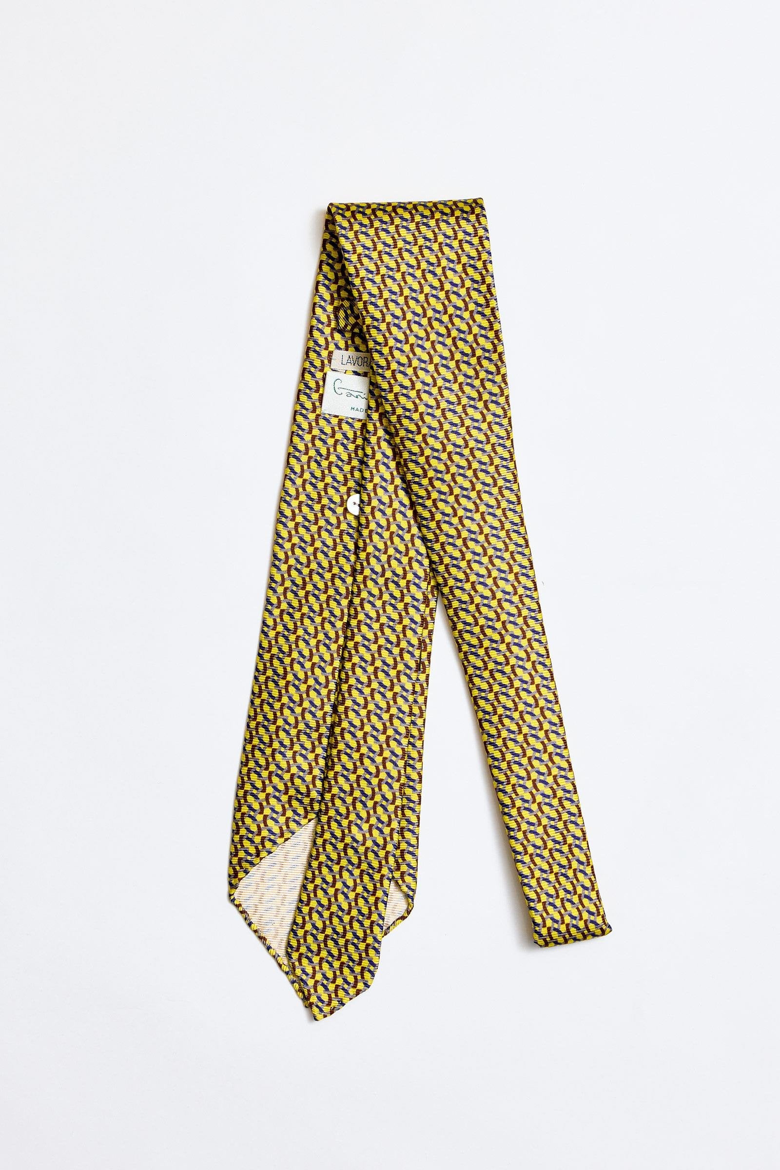 Sarı Lacivert Kahve Astarsız 5 Fold İpek Kravat