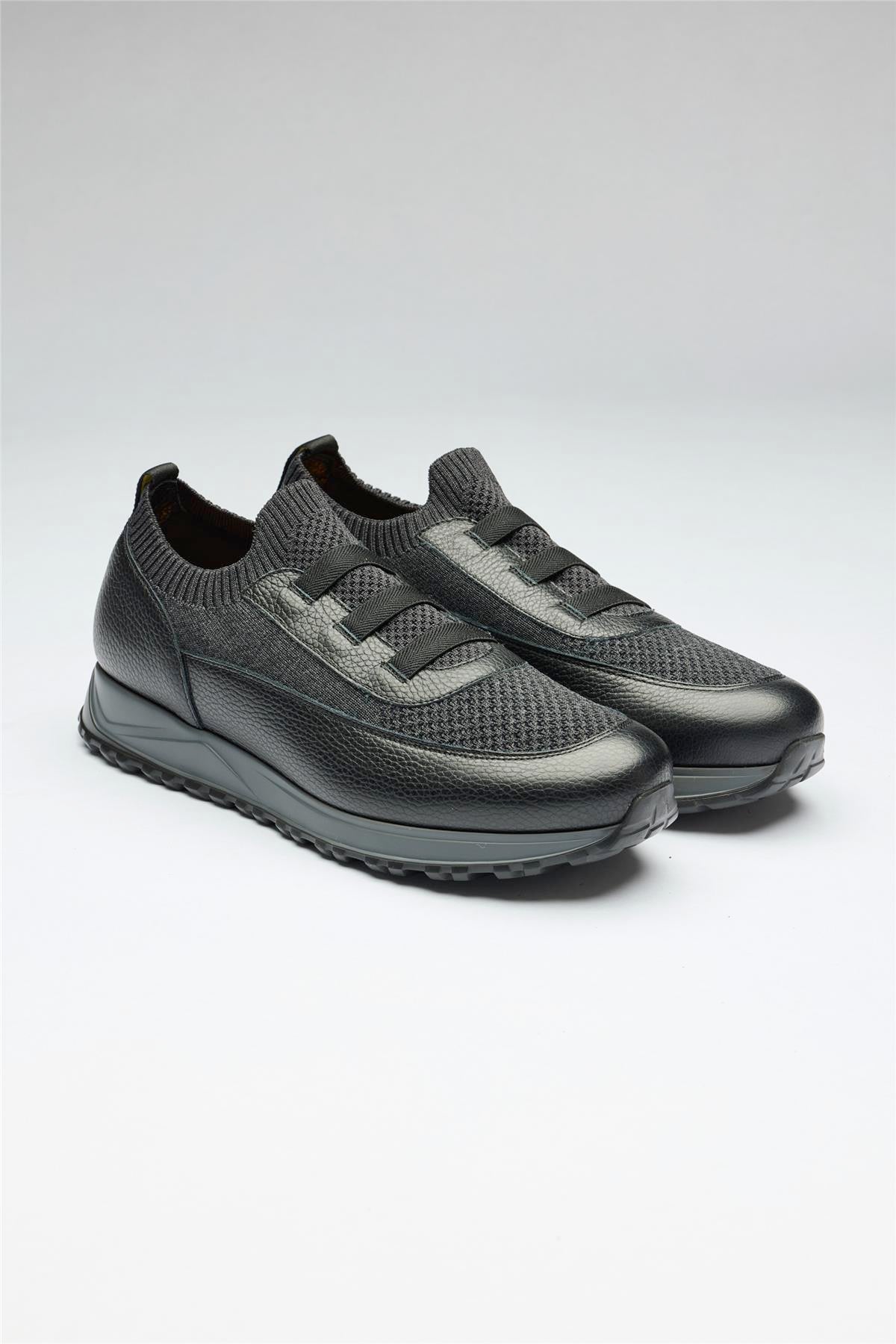 Siyah Bağcıksız Örgü Deri Sneaker - 6