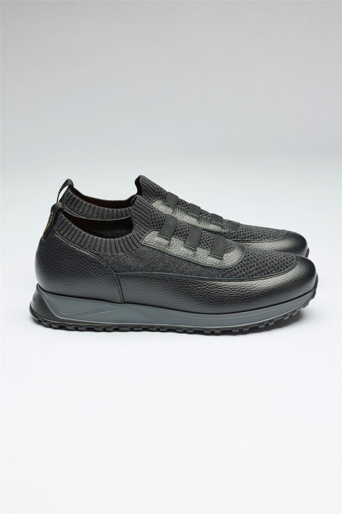 Siyah Bağcıksız Örgü Deri Sneaker - 1