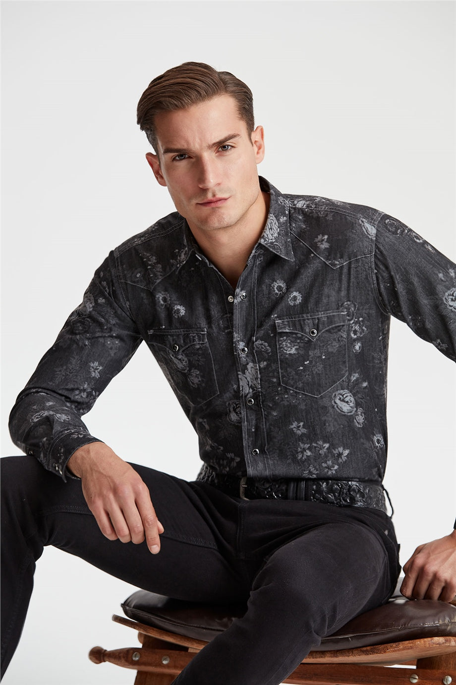 Siyah Desenli Western Denim Gömlek - 6