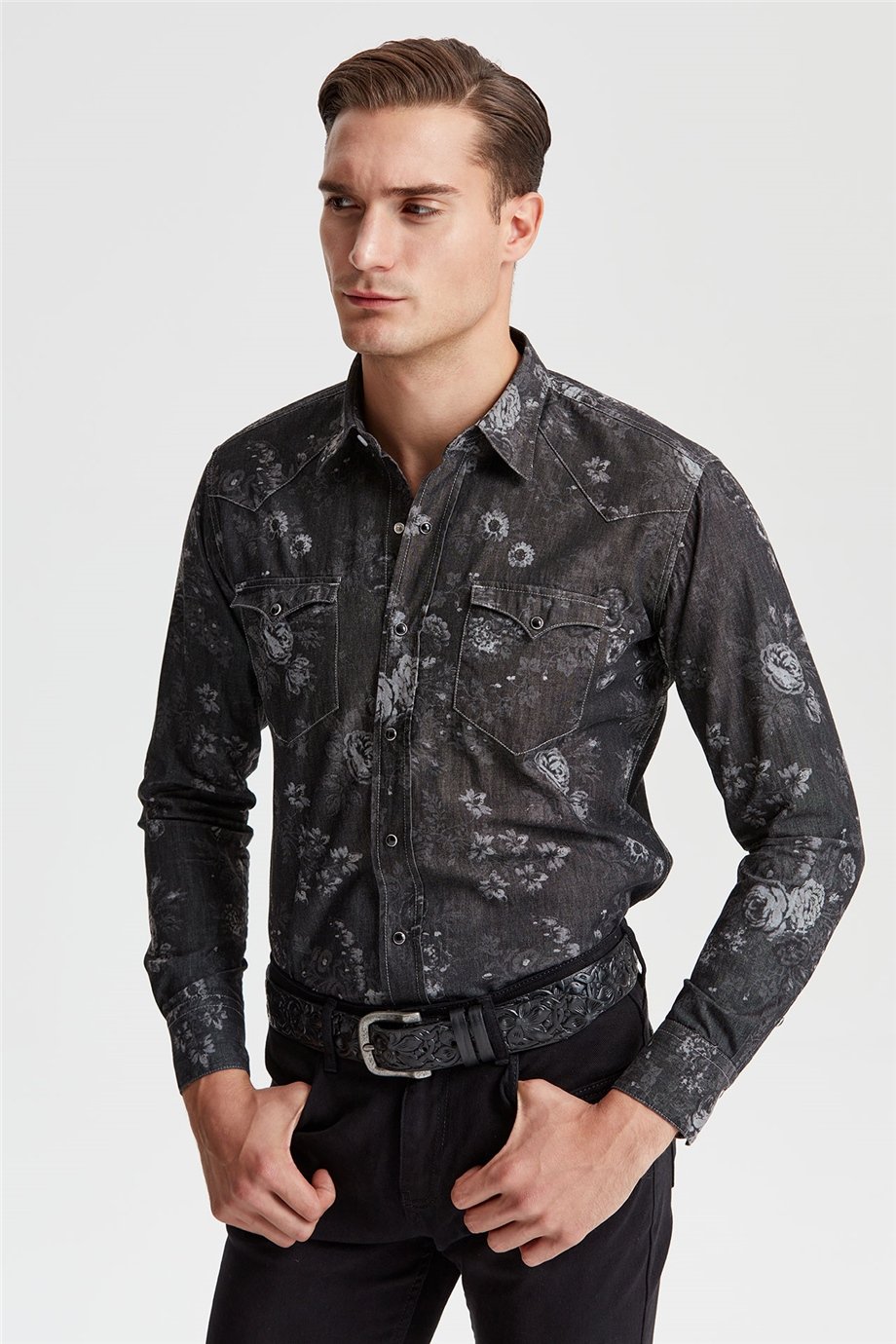Siyah Desenli Western Denim Gömlek - Image 3