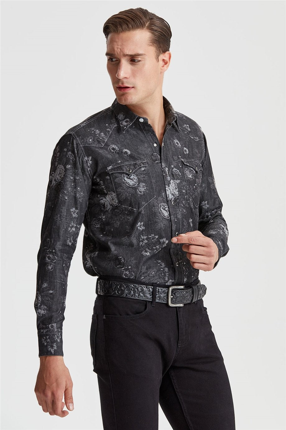 Siyah Desenli Western Denim Gömlek - Image 2