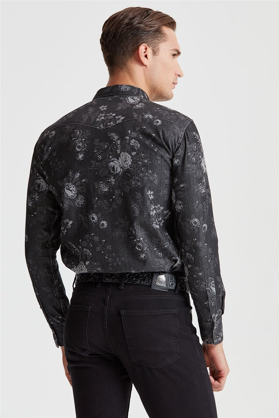 Siyah Desenli Western Denim Gömlek - Image 5