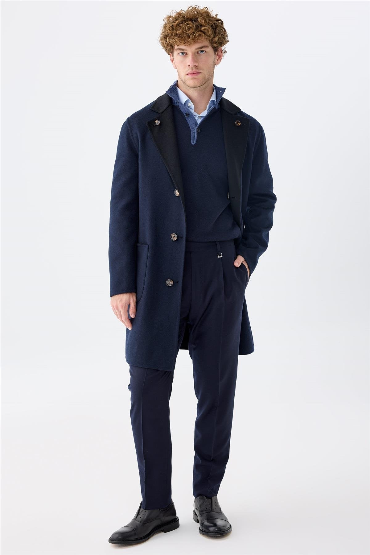 Siyah Lacivert Çift Taraflı Kaşmir Kaban - Image 1