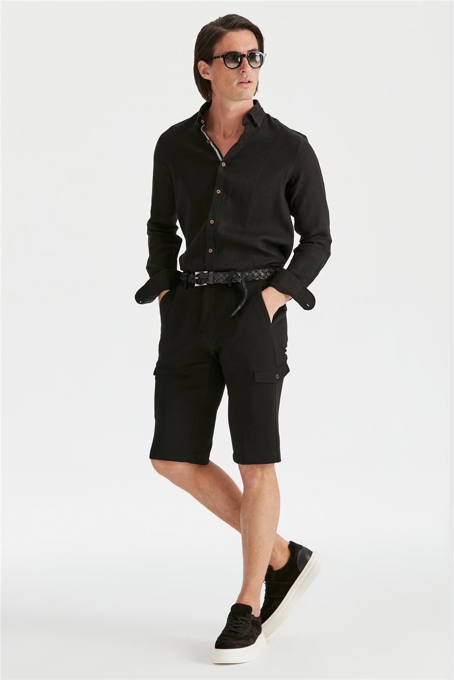 Siyah Pamuk Triko Erkek Bermuda - Image 1