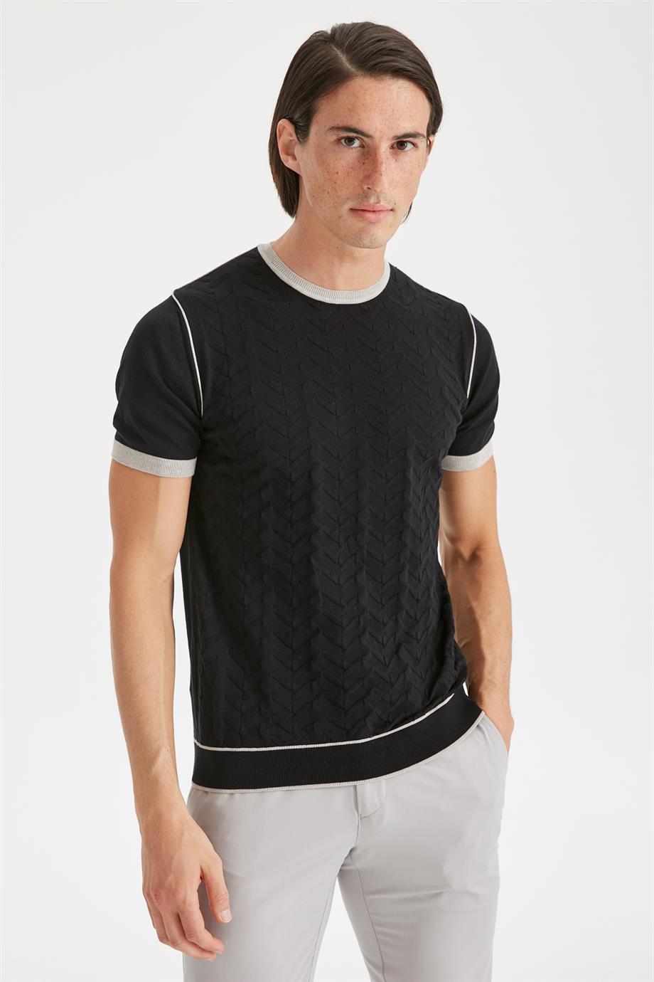 Siyah Sıfır Yaka Erkek Triko T-Shirt - Image 3