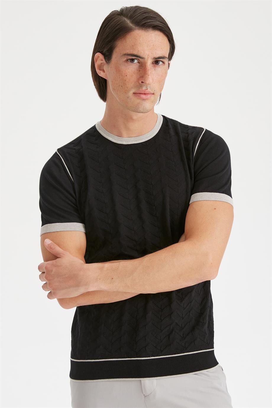 Siyah Sıfır Yaka Erkek Triko T-Shirt - Image 2