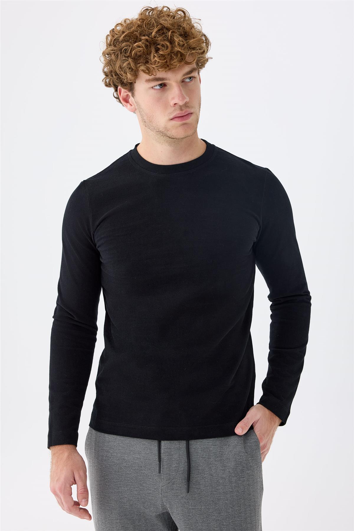 Siyah  Sıfır Yaka Pamuk Sweatshirt - Image 3