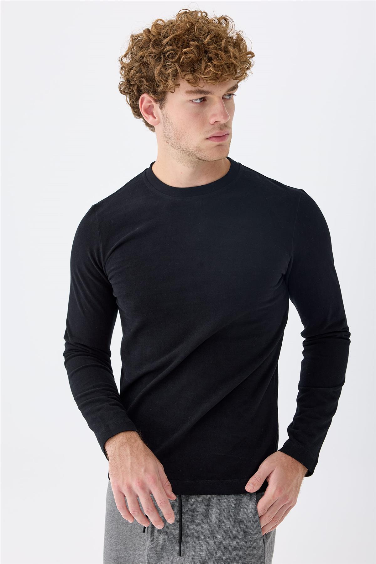 Siyah  Sıfır Yaka Pamuk Sweatshirt - Image 4