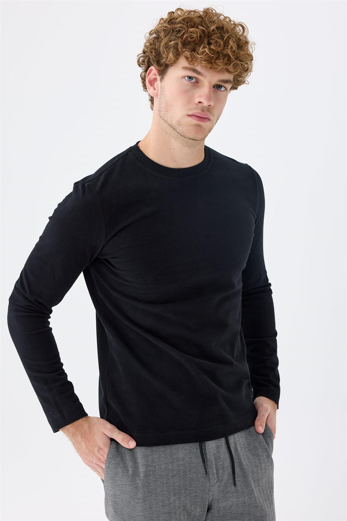 Siyah  Sıfır Yaka Pamuk Sweatshirt - Image 5