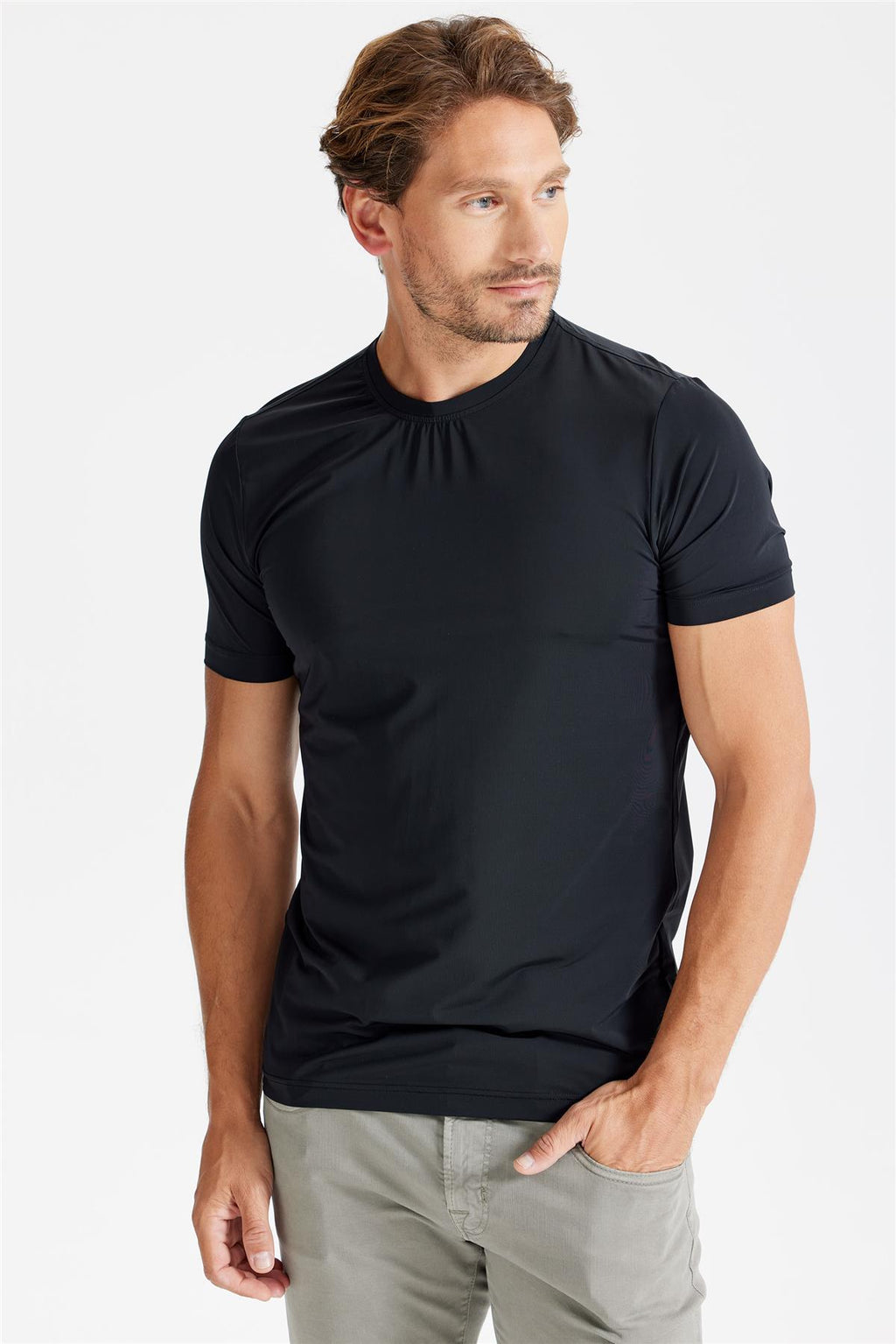 Siyah Sıfır Yaka Teknik Kumaş T-Shirt - 3