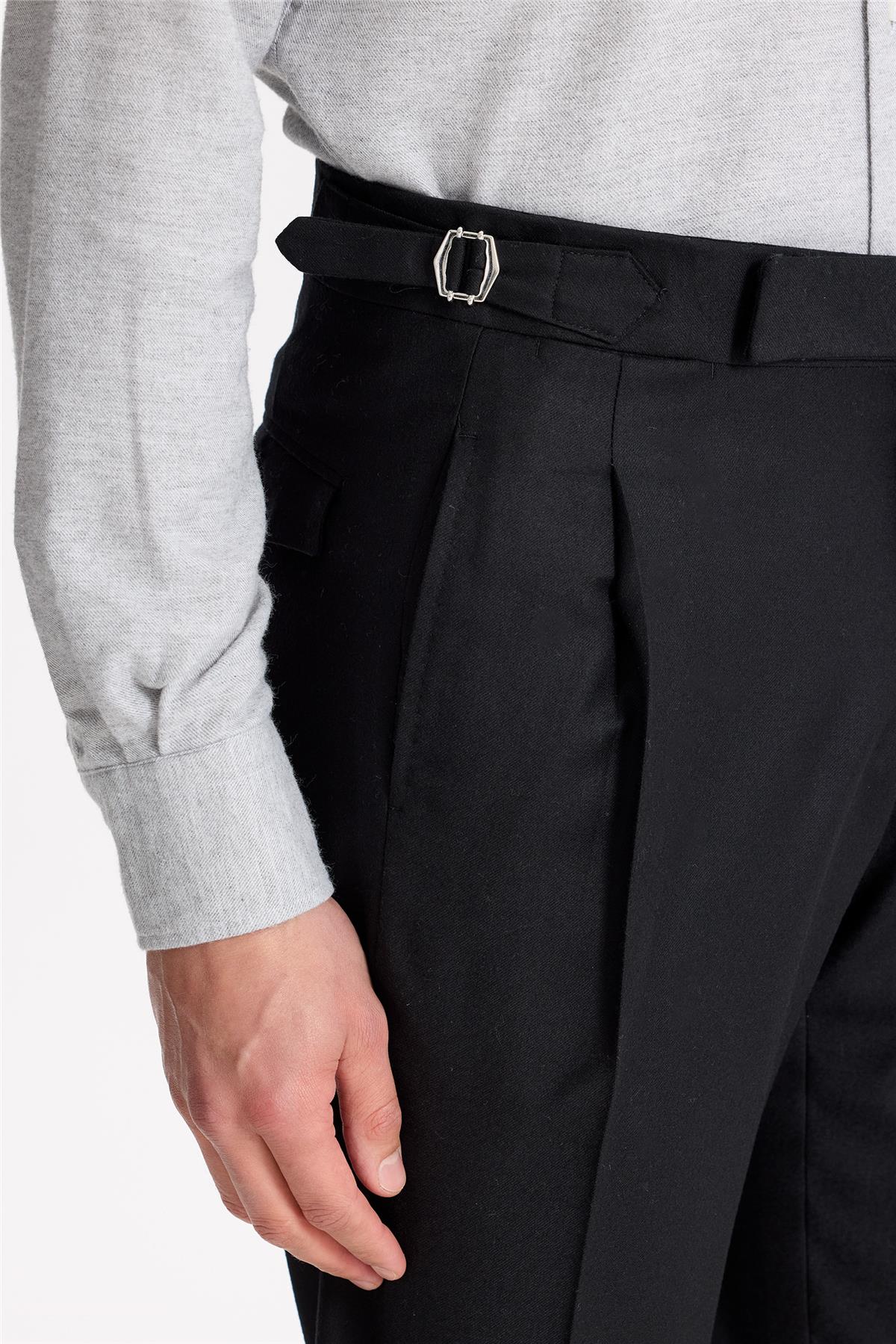 Siyah Tokalı Yün Flanel Pantolon - 9