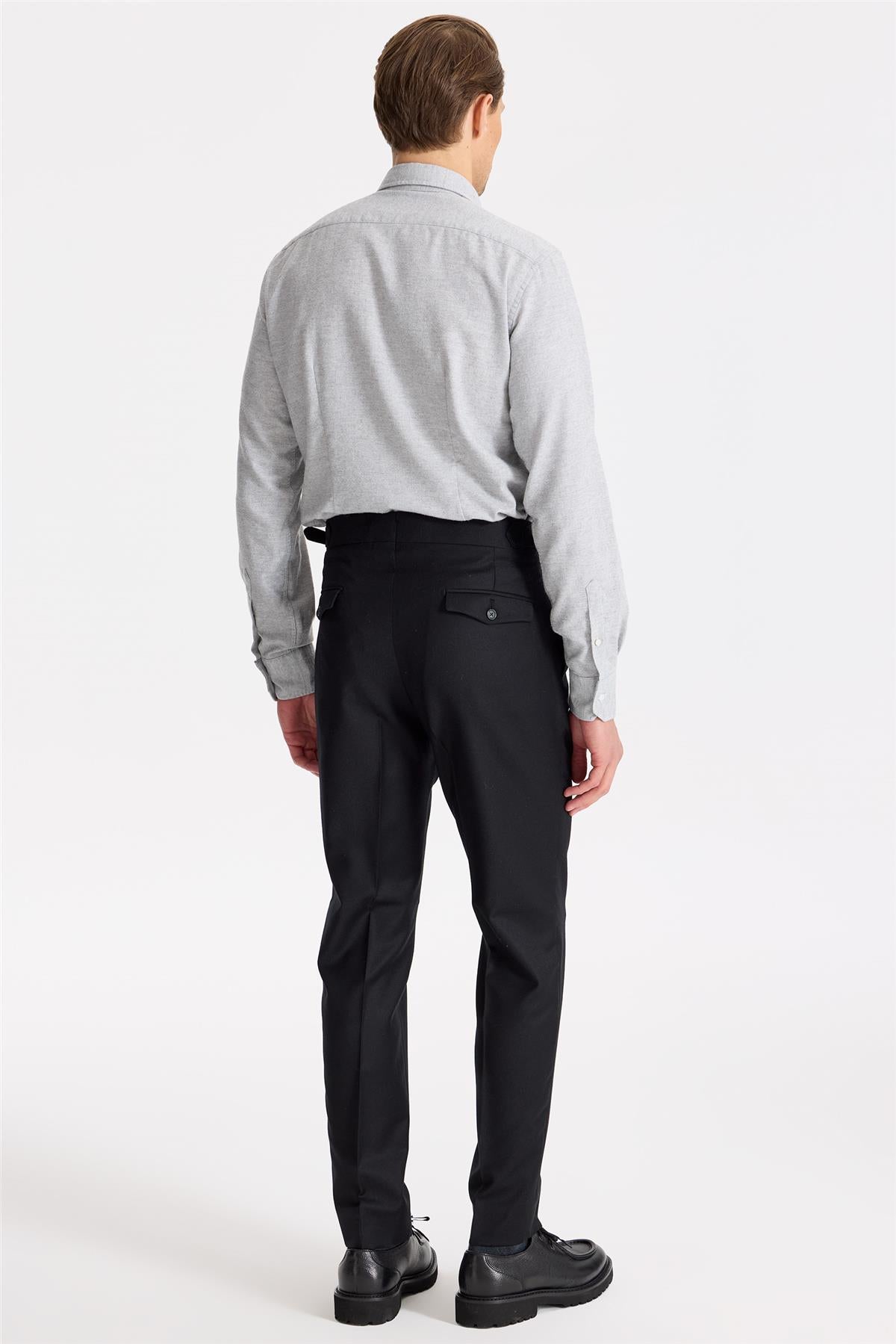 Siyah Tokalı Yün Flanel Pantolon - 10