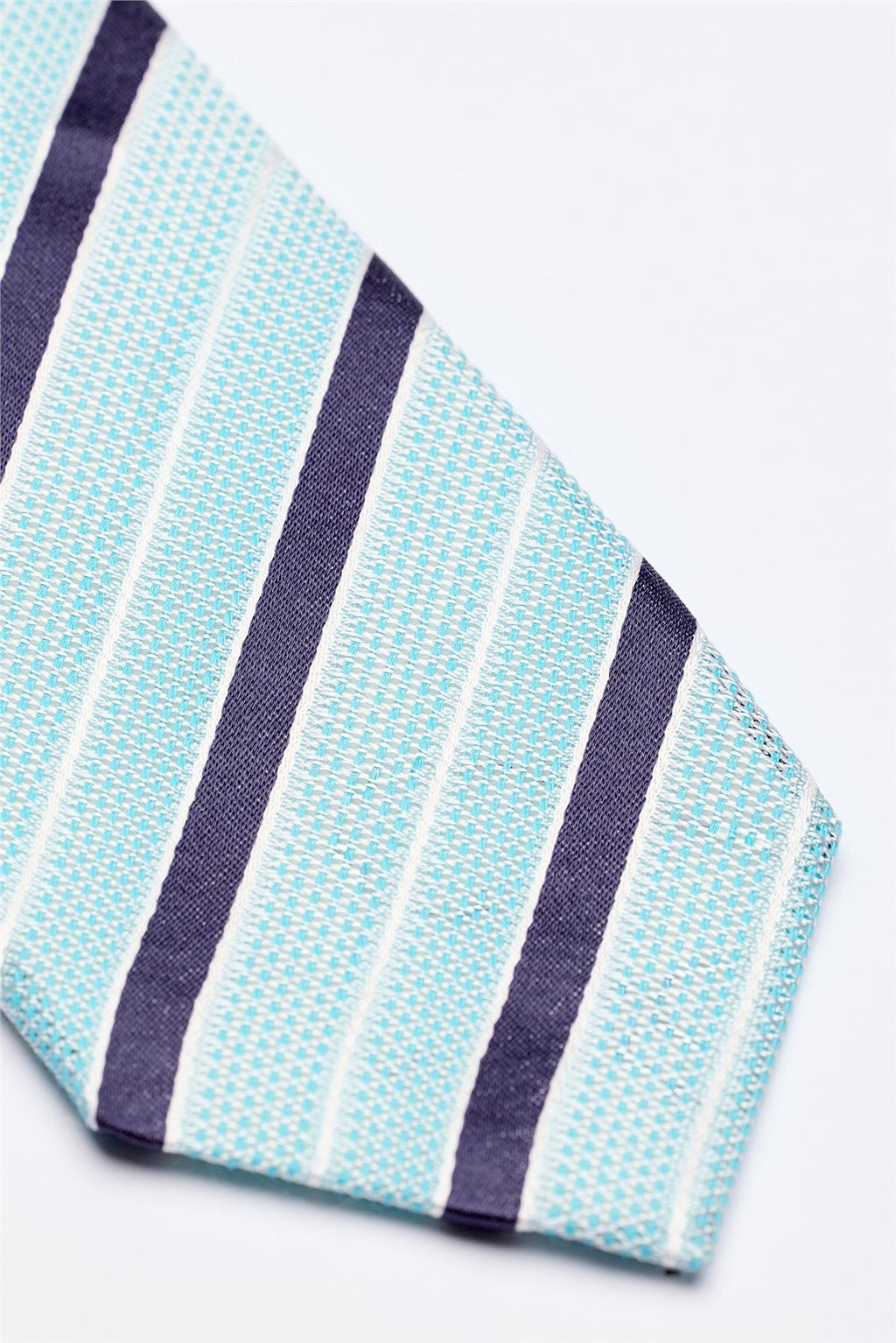 Turkuaz Lacivert Beyaz Çizgili 7 Örgü Fold İpek Kravat - Image 3