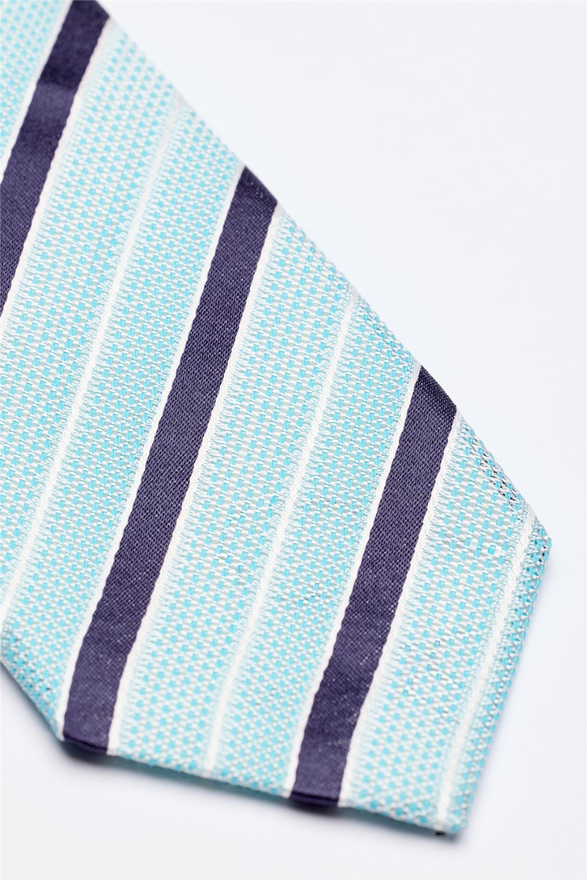 Turkuaz Lacivert Beyaz Çizgili 7 Örgü Fold İpek Kravat - Image 3