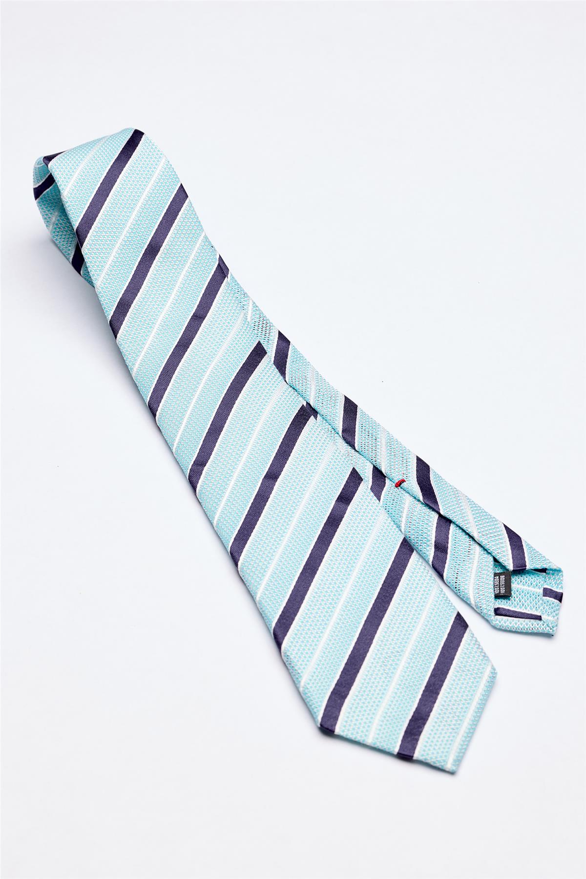 Turkuaz Lacivert Beyaz Çizgili 7 Örgü Fold İpek Kravat - Image 1