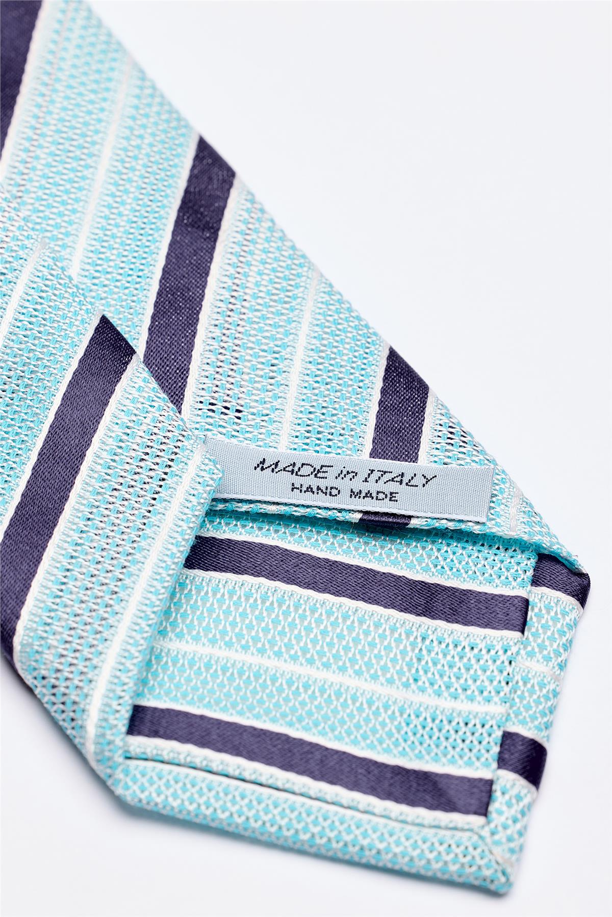 Turkuaz Lacivert Beyaz Çizgili 7 Örgü Fold İpek Kravat - Image 4
