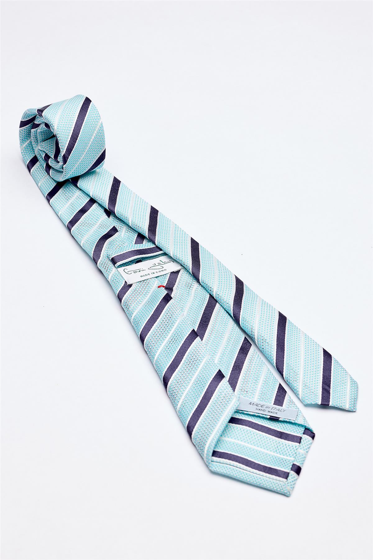 Turkuaz Lacivert Beyaz Çizgili 7 Örgü Fold İpek Kravat - Image 2
