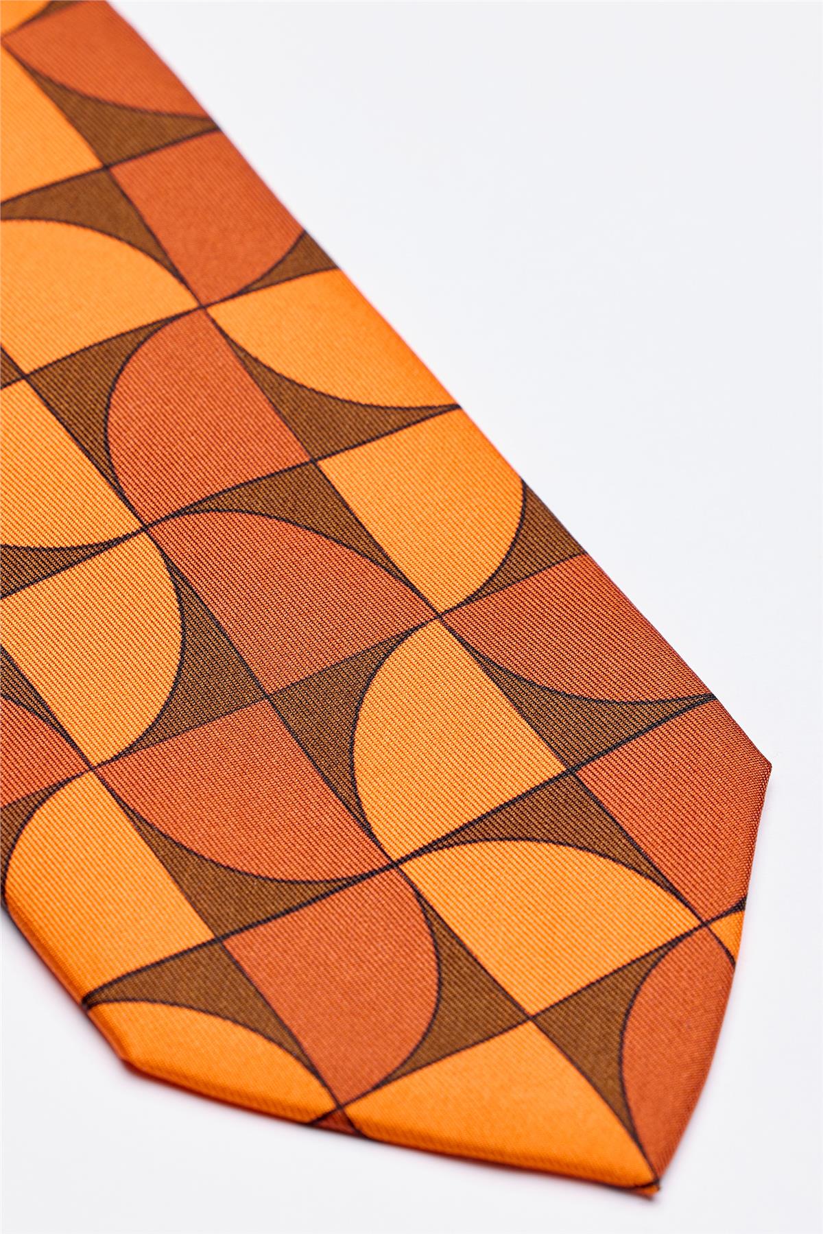 Turuncu Kahve Desenli İpek Kravat - Image 3