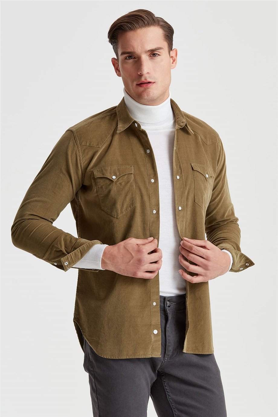 Yeşil Kadife Western Pamuk Gömlek - Image 2