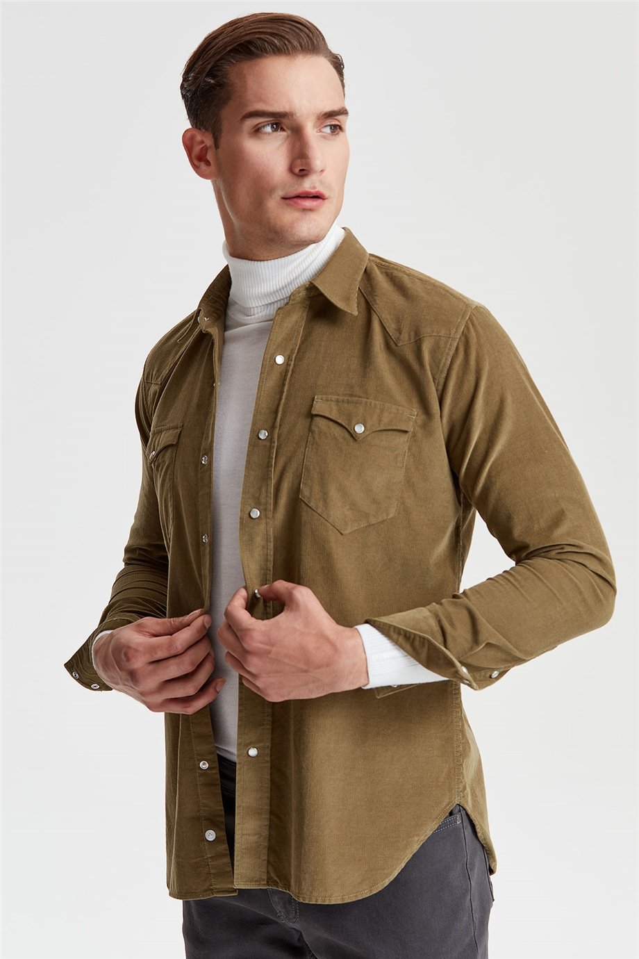 Yeşil Kadife Western Pamuk Gömlek - Image 4