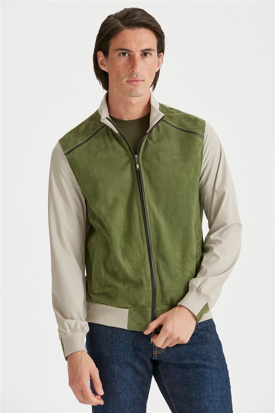 Yeşil Süet Teknik Erkek Mont - Image 1